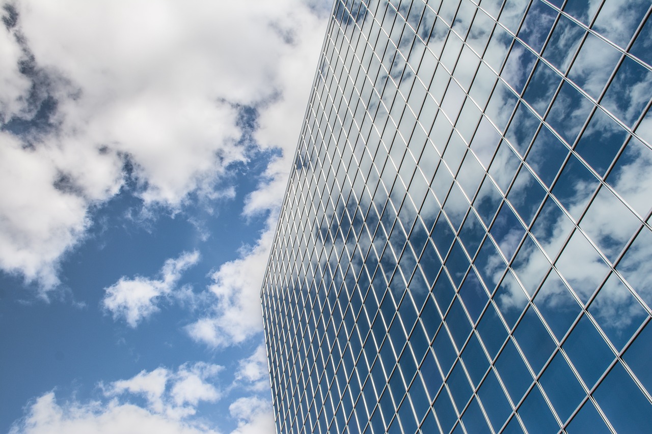 building, reflection, clouds